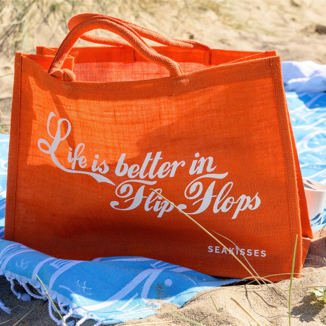 Life Is Better in Flip Flops Jute Bag - Tangerine by SeaKisses