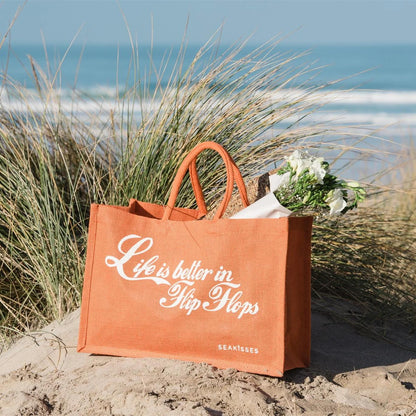 Life Is Better in Flip Flops Jute Bag - Tangerine by SeaKisses