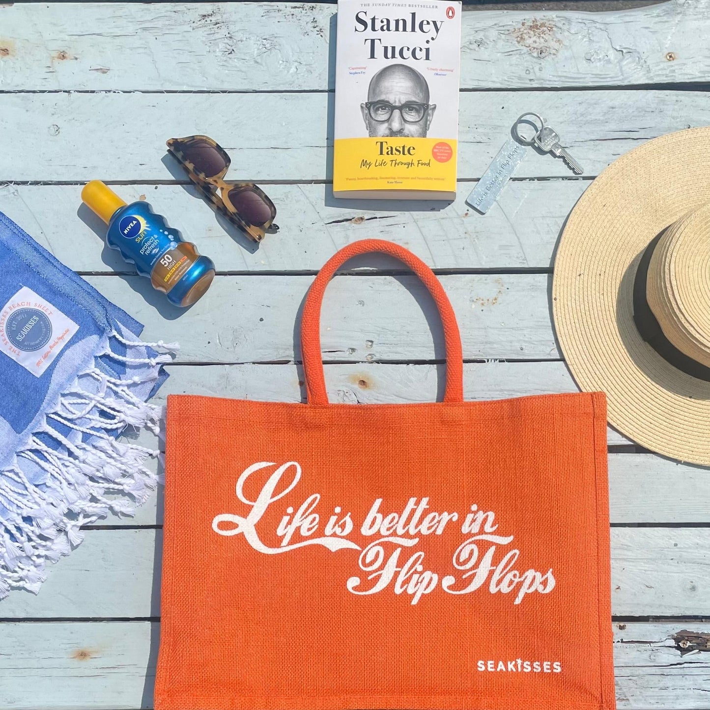 Life Is Better in Flip Flops Jute Bag - Tangerine by SeaKisses