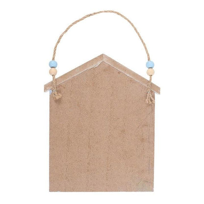 Hanging decorative sign with jute rope and beads on a white background