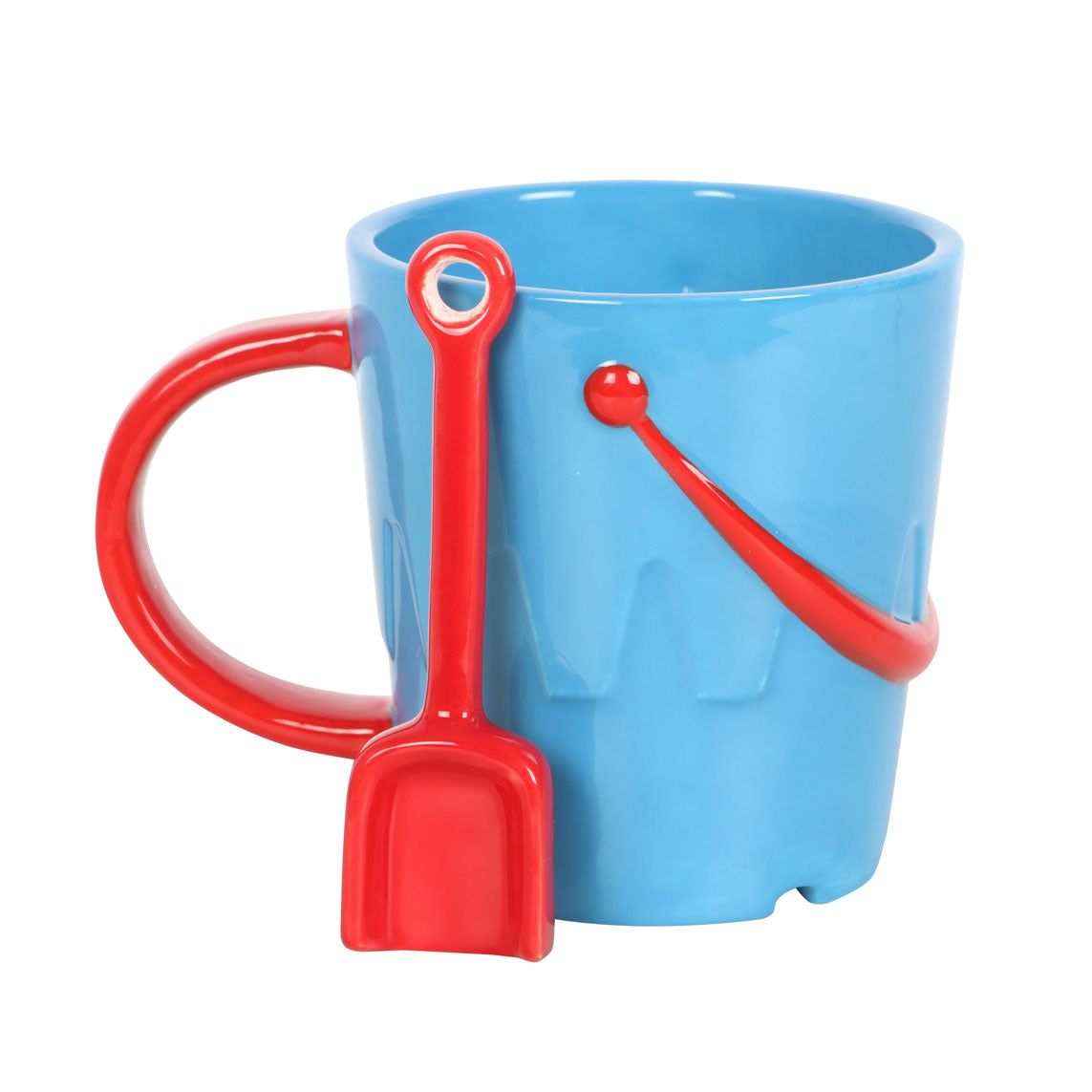 Blue mug with red handle and shovel on a white background