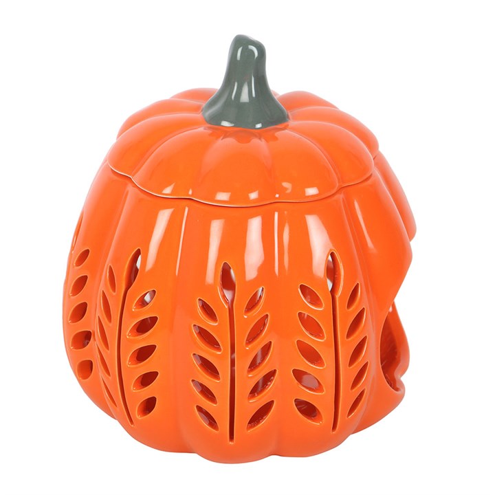 Orange pumpkin-shaped container with a gray stem on a white background