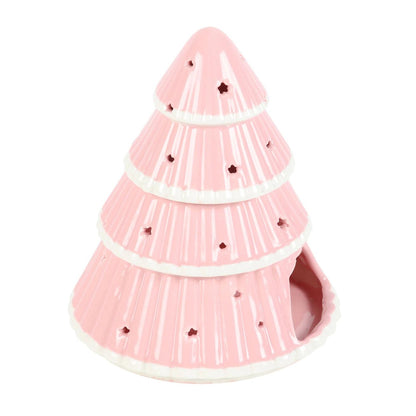 Pink ceramic Christmas tree-shaped candle holder on a white background