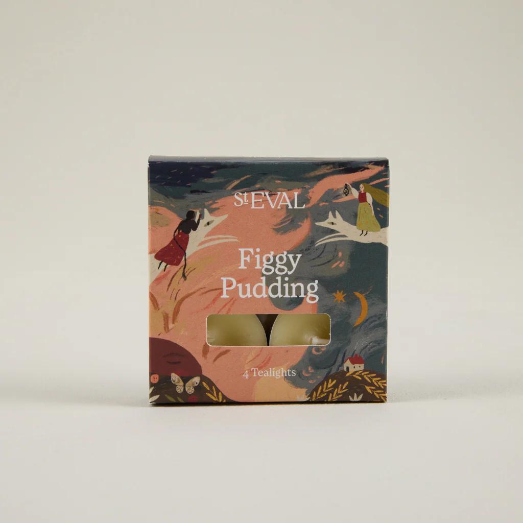 Box of ST EVAL Figgy Pudding tealights with colorful design on a beige background