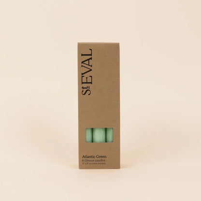 Box of St Eval Atlantic Green candles on a beige background
