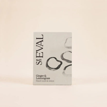 St. Eval Ginger & Lemongrass hand wash & lotion packaging on a beige background