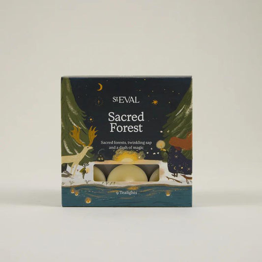 Tea light packaging with 'Sacred Forest' design on a white background