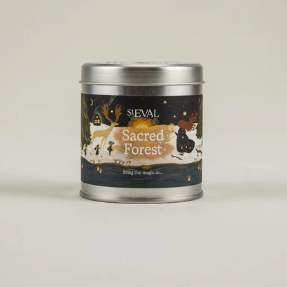 ST EVAL Sacred Forest candle tin on a light beige background