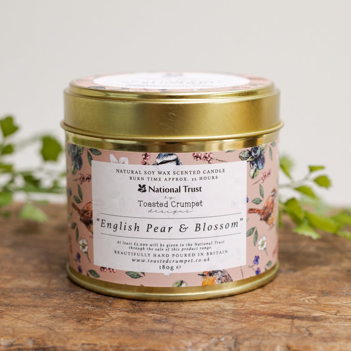 National Trust English Pear & Blossom Tin Candle in Matt Gold