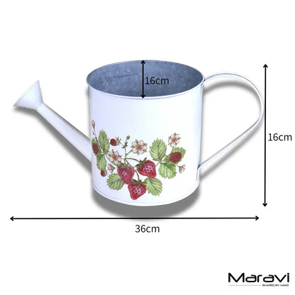 White watering can with floral design and measurements on a white background, featuring the Maravi brand.