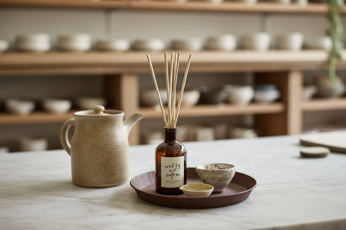 A reed diffuser bottle with wooden reeds on a round tray, styled on a marble countertop with a ceramic teapot and bowls in a warm, softly blurred kitchen setting.