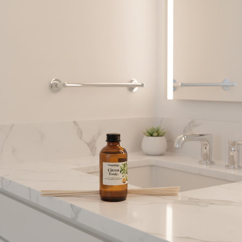 An amber glass bottle labeled 'Osmothic Citrus Tonic' sits on a white marble bathroom counter next to a sink, with a small plant and chrome faucet in the background.