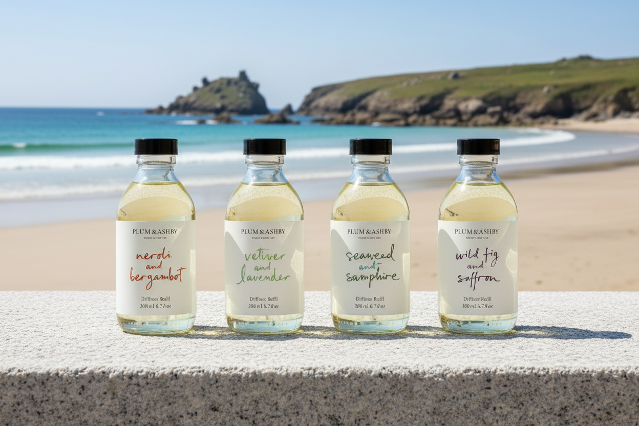 Diffuser refills displayed against a sunny Cornish beach