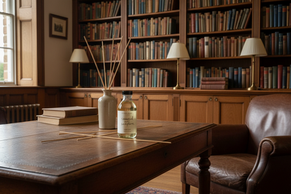A reed diffuser bottle and matching reeds sit on a wooden table in a warm, traditional library with bookshelves, lamps, and leather armchairs.