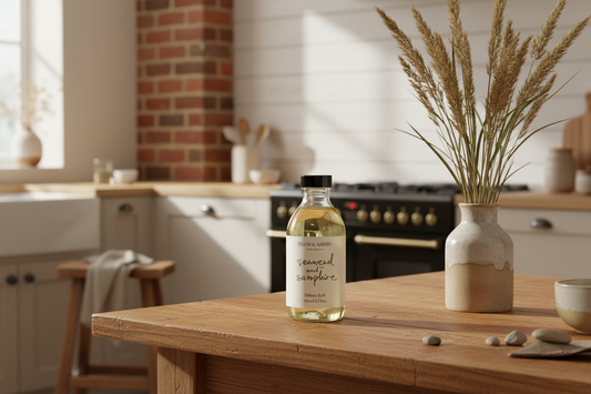 A bottle stands on a wooden kitchen island. The background shows a warm, softly blurred kitchen with a brick column, white shiplap walls, and a vase of dried wheat on the counter.