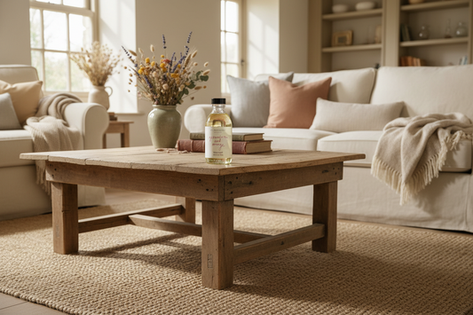 A rustic wooden coffee table in a bright, modern living room setting with a white sofa, beige rug, and a vase of dried flowers on top.