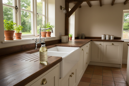 A farmhouse-style kitchen with white cabinets, dark wood countertops, a large white apron-front sink, and a bottle of fragrance oil on the counter. The room has exposed wooden beams, terracotta tile flooring, and potted green plants by the windows.