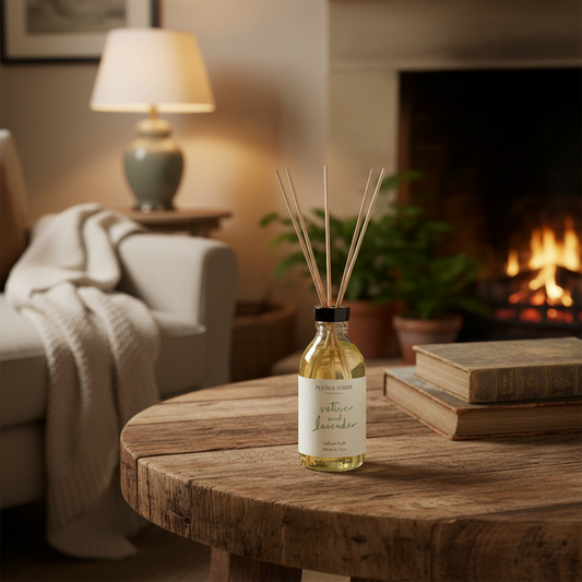 A glass reed diffuser bottle filled with pale golden liquid stands on a round wooden table in a cozy living room. The bottle has a black cap and a cream label reading 'Pruella Lane' and 'Valerie's Lavender.