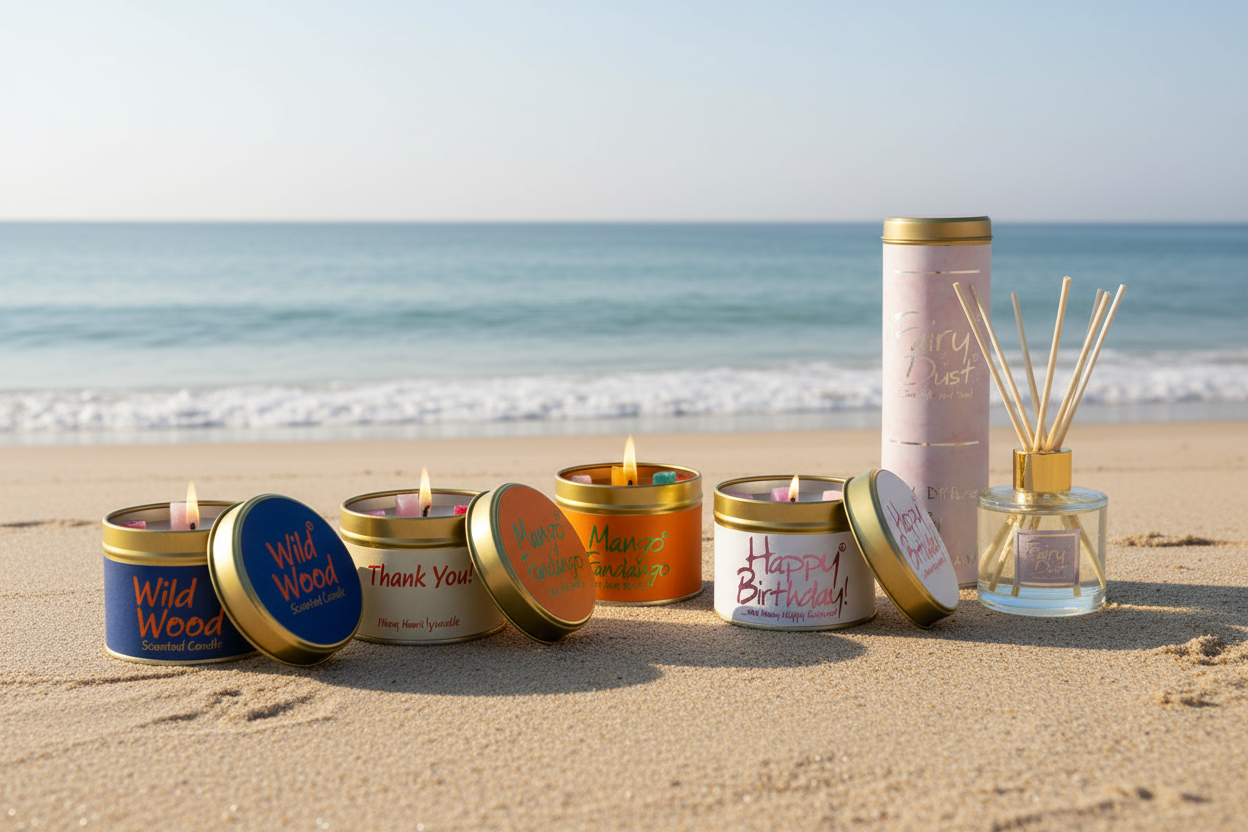 Five Lily-Flame products on beach sand including Wild Wood