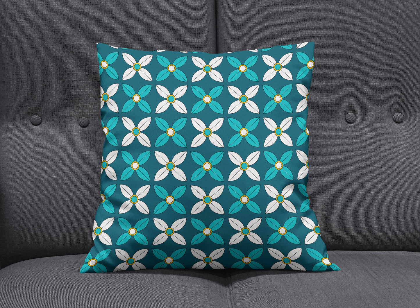 Dark Blue Cushion with White and Blue Geometric Floral Design, Throw Pillow