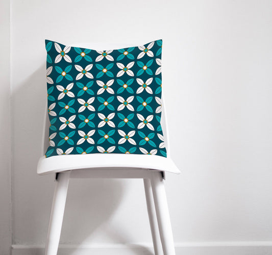 Dark Blue Cushion with White and Blue Geometric Floral Design, Throw Pillow