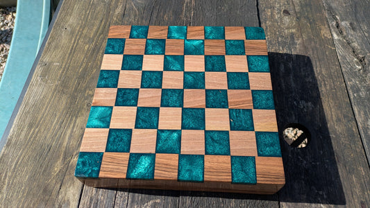 Walnut and teal resin chess board