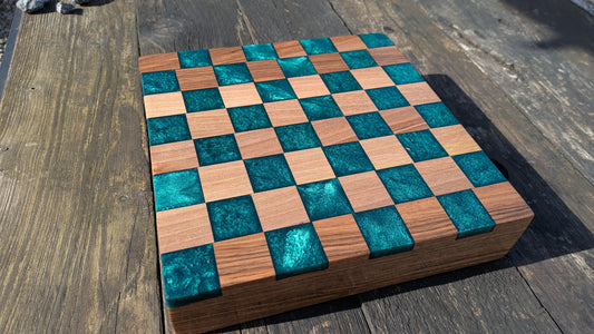 Walnut and teal resin chess board