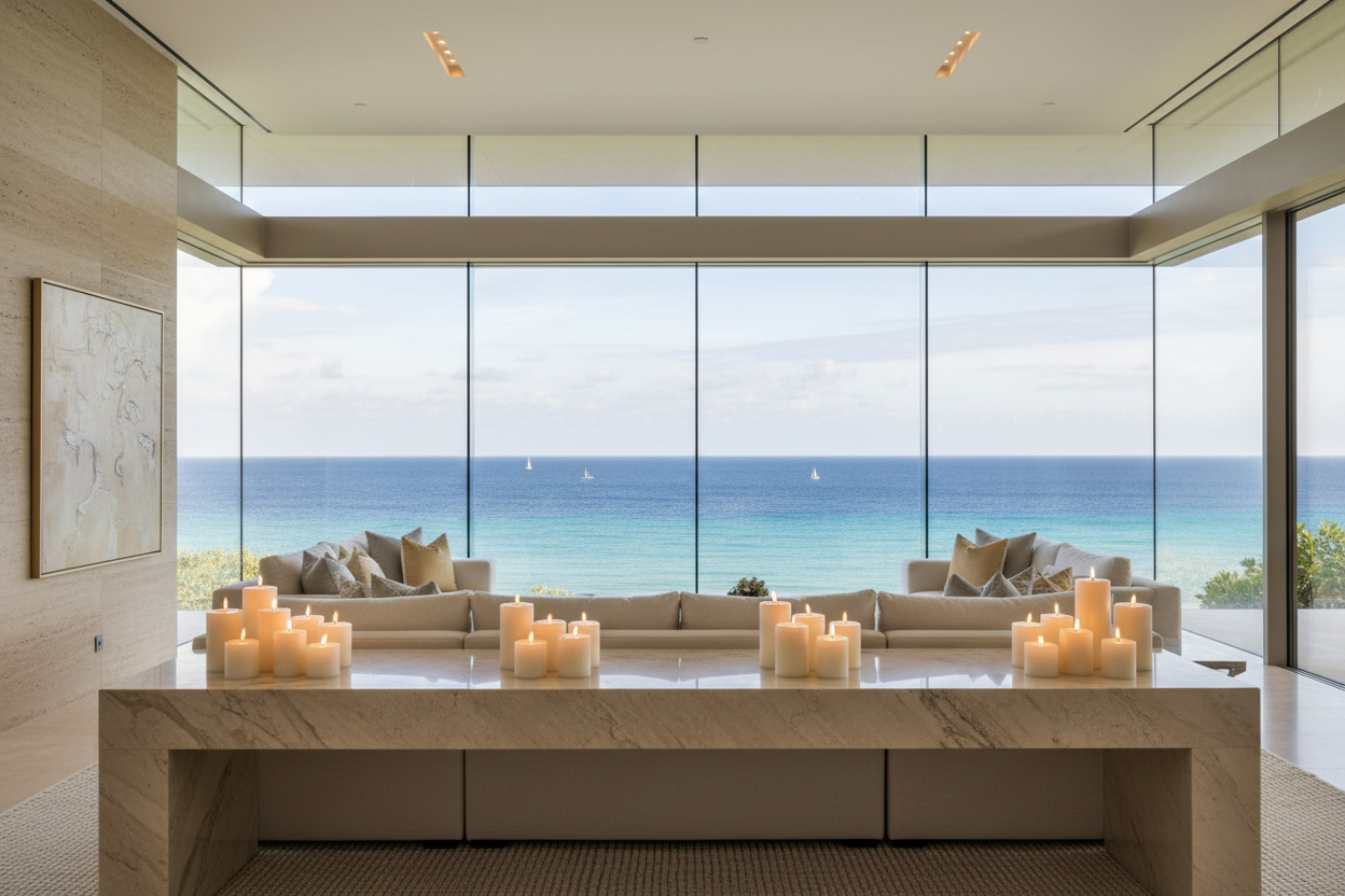 VIEW OF THE SEA FROM INSIDE LUXURY HOME WITH CANDLES BURNING