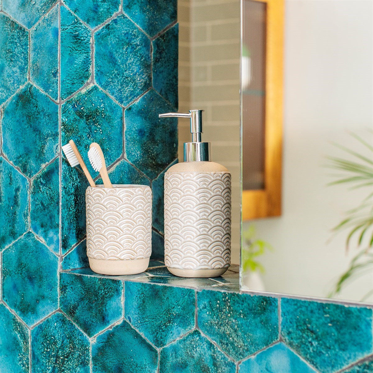 Japandi Seigaha Wave Pattern Tumbler and Soap Dispenser