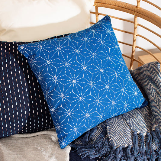 Stitch Print Blue Cushion in situ from Home and Bay