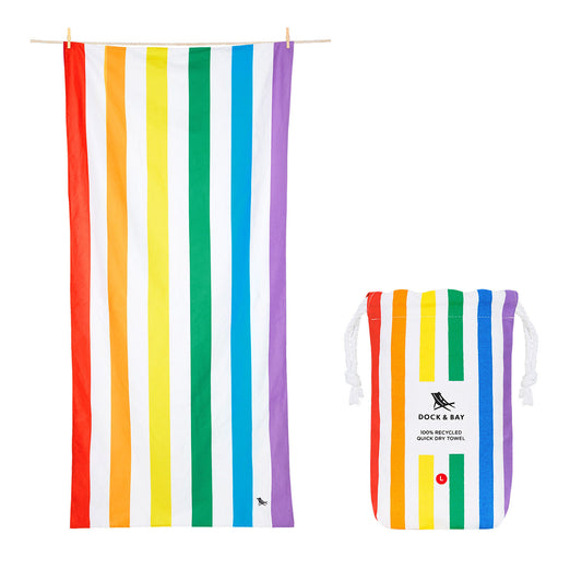 Dock and Bay Rainbow Skies Beach Towel