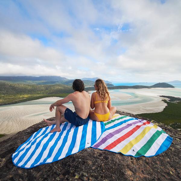Quick Dry Beach Blankets- Round Rainbow Skies sitting from Home and Bay