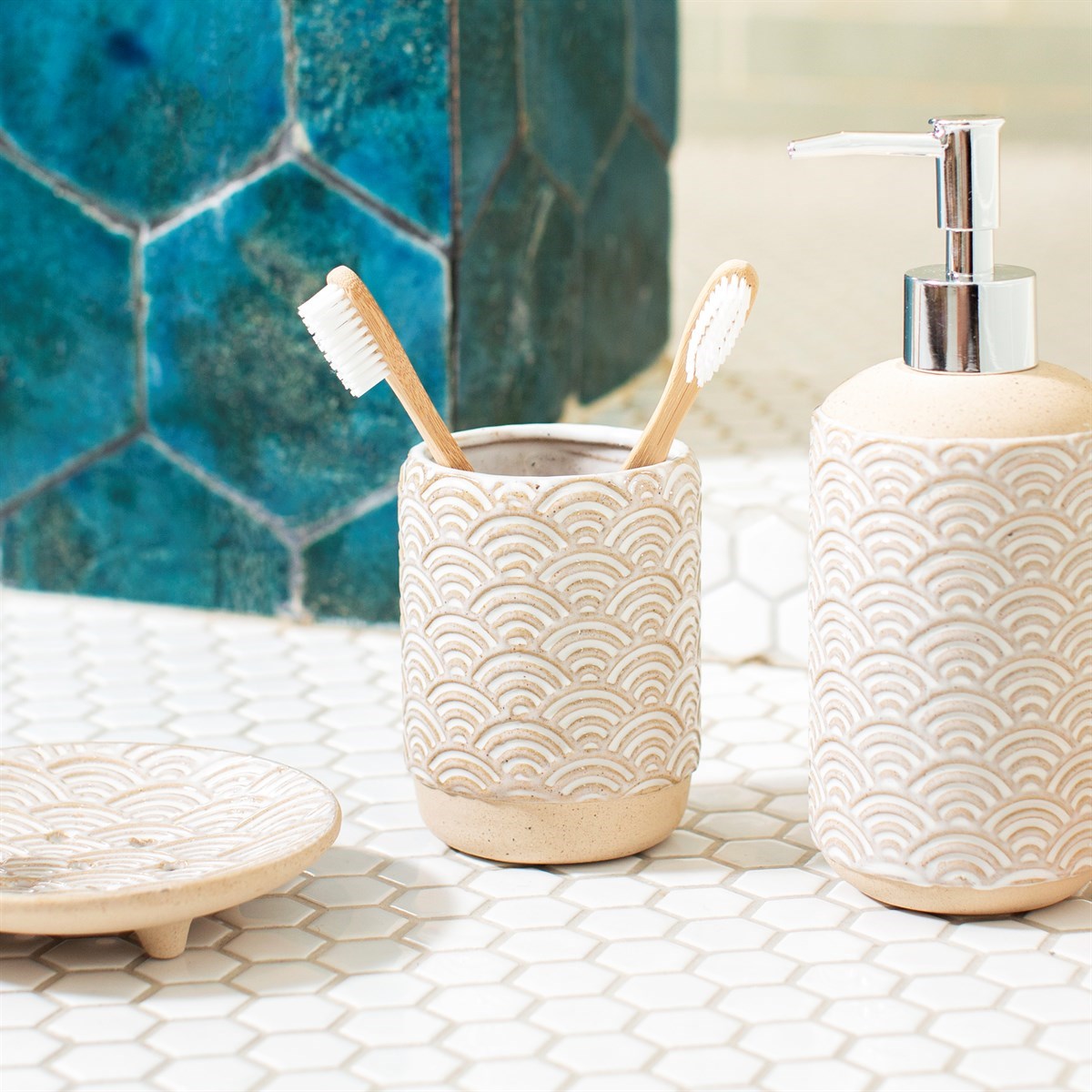 Japandi Seigaha Wave Pattern Bathroom Bundle