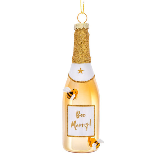 Bee Merry Gold Champagne Shaped Bauble by Sass & Belle